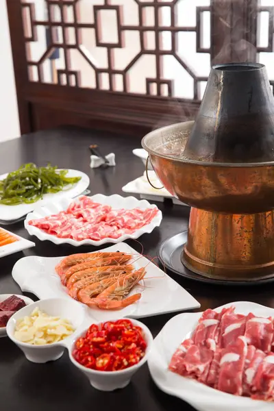 Close View Meat Vegetables Seafood Copper Hot Pot Chafing Dish — Stock Photo, Image