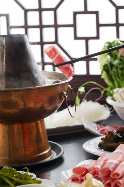 Partial View Person Holding Chopsticks Meat Copper Hot Pot Chafing — Stock Photo, Image