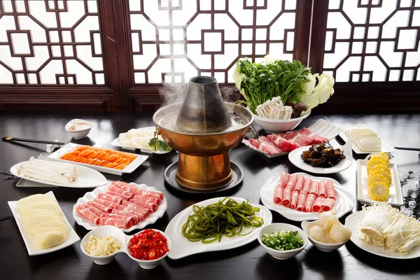 Copper Hot Pot Meat Vegetables Table Chafing Dish Concept — Stock Photo, Image