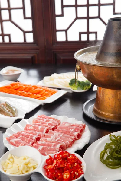 Close View Sliced Meat Vegetables Copper Hot Pot Chafing Dish — Stock Photo, Image