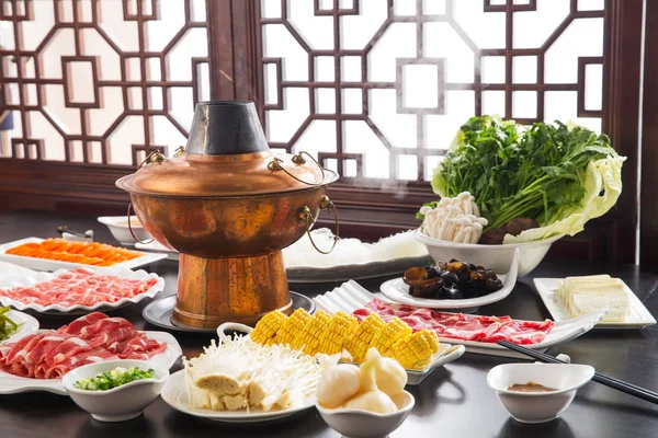 Various Ingredients Chopsticks Copper Hot Pot Chafing Dish Concept — Stock Photo, Image