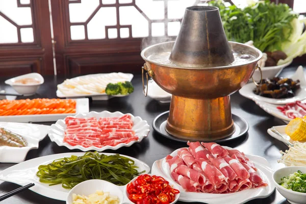 Close View Plates Meat Shrimp Vegetables Copper Hot Pot Chafing — Stock Photo, Image
