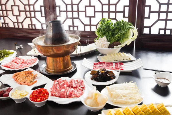 High Angle View Various Ingredients Copper Hot Pot Chafing Dish — Stock Photo, Image