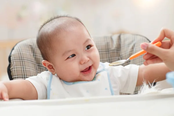 Recortado Disparo Madre Sosteniendo Cuchara Alimentación Adorable Bebé —  Fotos de Stock