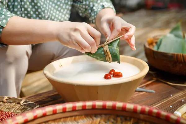 Partial View Woman Cooking Traditional Chinese Dish Zongzi — Stock Photo, Image