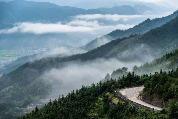 Increíble Paisaje Montaña Con Sinuoso Camino Árboles Verdes Montañas Escénicas — Foto de Stock