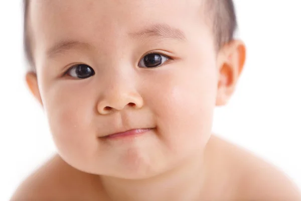 Close Portrait Adorable Asian Baby Boy Looking Camera White Background — Stock Photo, Image
