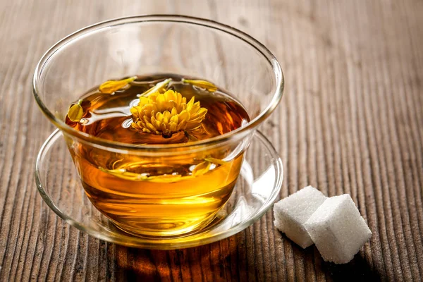 Zbliżenie Zdrowej Organicznej Herbaty Ziołowej Szklance Szklanki Cukru Stole — Zdjęcie stockowe