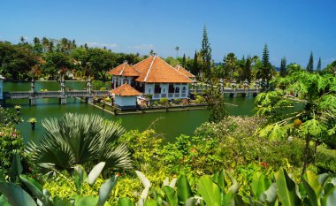 Bali sarayda su acayip güzel bahçe ile yer.