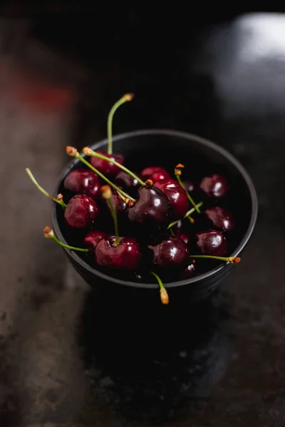 Ripe Cherry Bowl Black Background — Stock Photo, Image