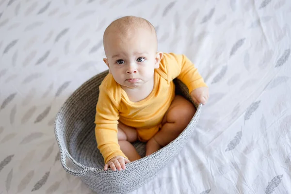 Confused Toddler Boy Basket — Stock Photo, Image