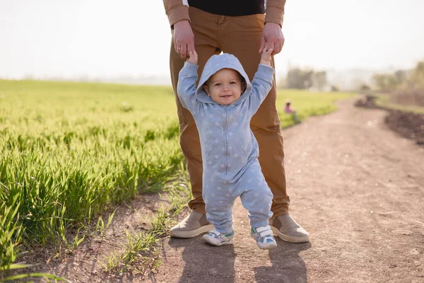 Papa Petit Fils Marchent Dans Champ — Photo