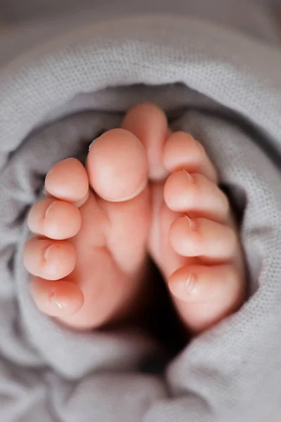 Pasgeboren Baby Voeten Close Een Grijze Achtergrond — Stockfoto