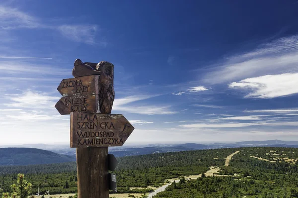 Şık ahşap tabela tabelasını Szrenica üzerinden Karkonow dağlarda