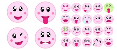 Pembe kawaii şirin yüzler ve emoji kümesi.