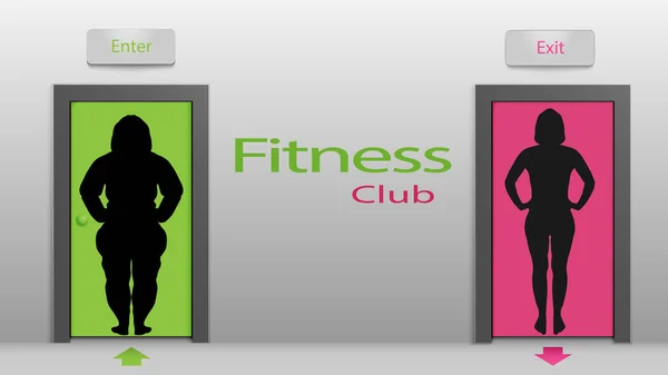 Interior Clube Fitness Com Duas Portas Entrada Retrata Uma Mulher —  Vetores de Stock