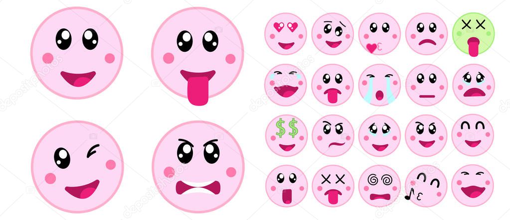 Set of pink kawaii cute faces and emoji.