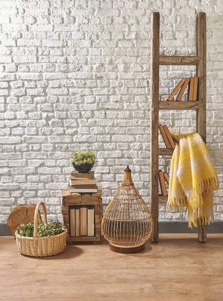 brick wall stairs decor with books