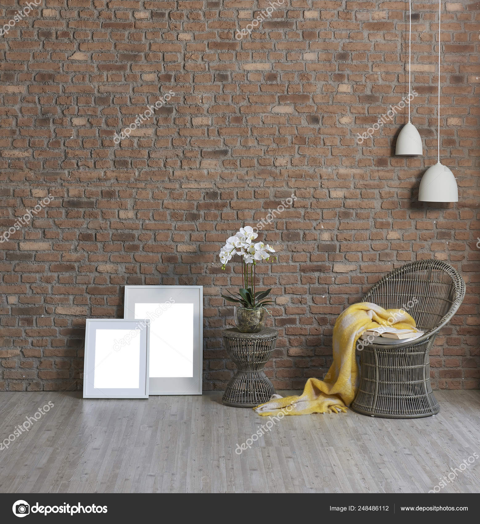 Modern Wall White Lamps Wicker Chair Flowers Stock Photo