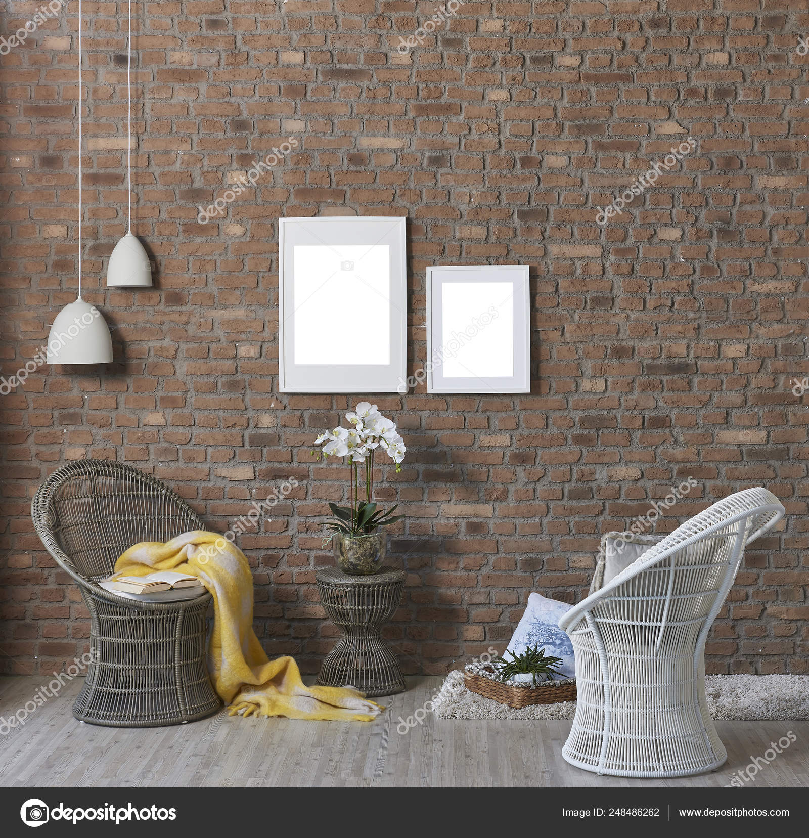 Modern Wall Lamps Frames Wicker Chairs Flowers Stock Photo