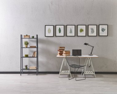 Gri duvar ve dizüstü bilgisayar ile çalışma tablosu ile modern ev ofis. dekorasyon ev ofis.
