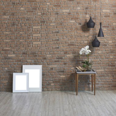 Modern tuğla duvar ve lambalar, çerçeve ve arka plan üzerinde çiçekler