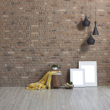 Modern tuğla duvar ve lambalar ve arka plan kareleri