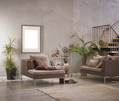 taş duvar lüks oturma odası ve metal merdiven ve koltuklar ile iç tasarım