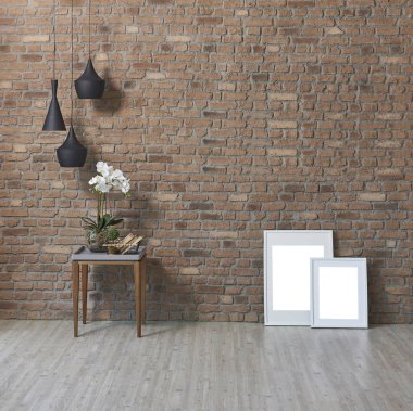 Modern tuğla duvar ve lambalar, çerçeve ve arka plan üzerinde çiçekler