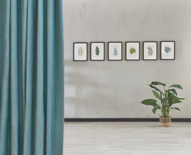 modern kitaplık, oturma odasında bitki ile gri taş duvar 