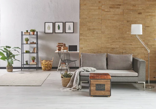 Moderne Home Office Met Grijze Bank Werktafel Met Laptop Kantoor — Stockfoto