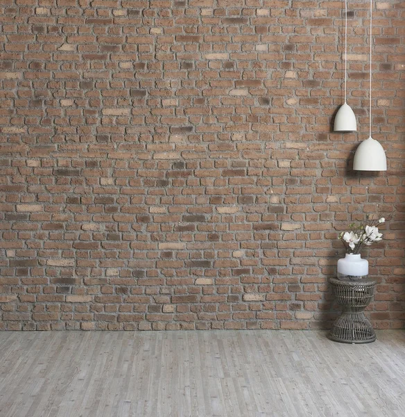 Modern brick  wall and  lamps and flowers  on background