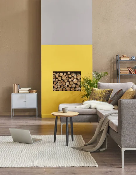 Modern Living Room Fireplace Sofa Laptop Yellow Detail — Stock Photo, Image
