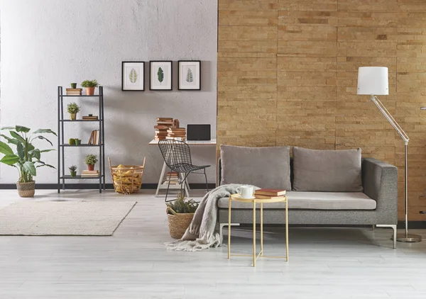 Gri kanepe ve çalışma tablosu ile laptop ile modern ev ofis. dekorasyon ev ofis.