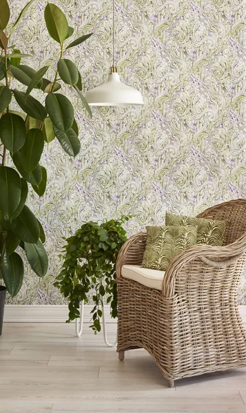 Grey wallpaper and botanic plants in  interior with wicker chair