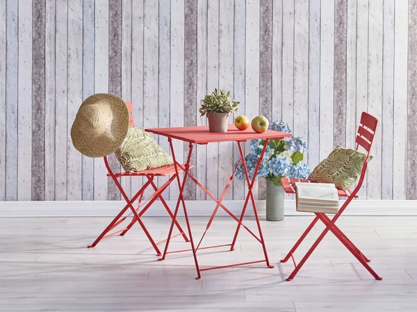 Chaise Été Rouge Style Table Pour Balcon — Photo