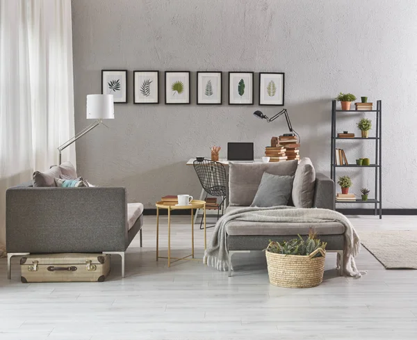 Grijs Woonkamer Grijze Meubilair Sofa Moderne Huis Decoratie Laptop Kamer — Stockfoto