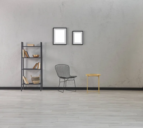 grey stone wall with modern bookcase,chair and table in living room