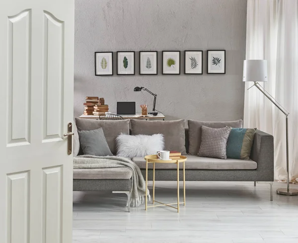 Sala Estar Gris Sofá Muebles Grises Decoración Casera Moderna Ordenador — Foto de Stock