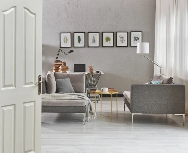 Grey Living Room Grey Furniture Sofa Modern Home Decoration Laptop — стоковое фото