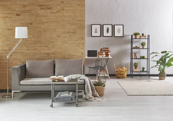 Grey Living Room Grey Furniture Sofa Modern Home Decoration Laptop — стоковое фото