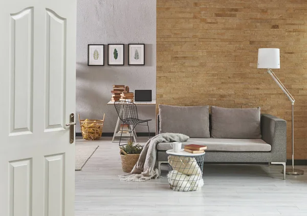 Grey Living Room Grey Furniture Sofa Modern Home Decoration Laptop — стоковое фото