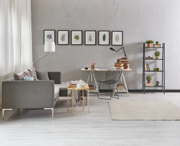 Graues Wohnzimmer Graues Möbelsofa Und Moderne Wohndekoration Tisch Und Teppich — Stockfoto