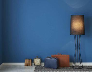 mavi duvar boş oturma odası ve oturma alanı, iç tasarım dekoratif aksesuarlar