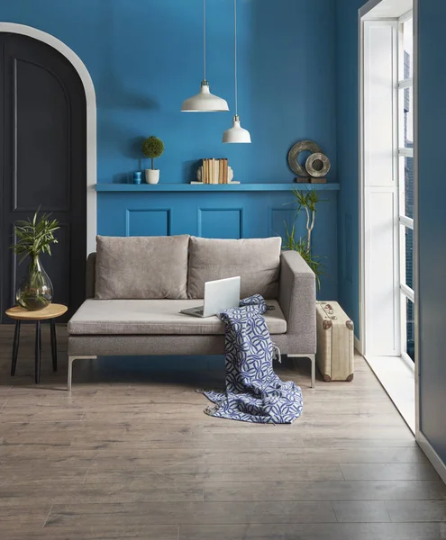 Chambre Bleue Salon Intérieur Maison Moderne Avec Lampe Fauteuil Style — Photo