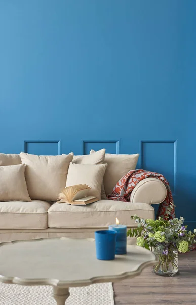 Luxo Sala Estar Canto Azul Detalhes Fundo Casa Mobiliário Decorativo — Fotografia de Stock