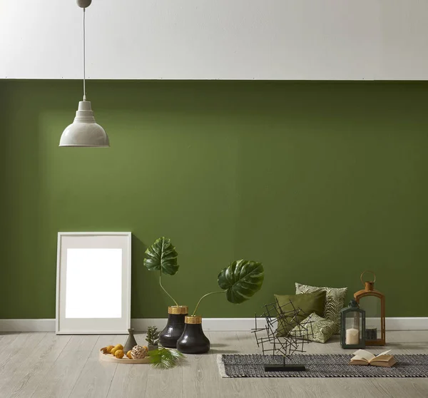 Moderno Papel Parede Verde Simular Decoração Interiores Com Travesseiros Plantas — Fotografia de Stock