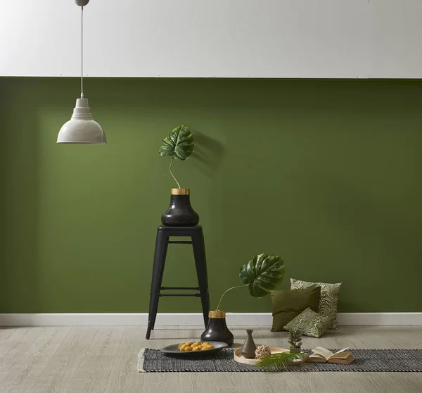Moderno Papel Parede Verde Simular Decoração Interiores Com Plantas Livro — Fotografia de Stock