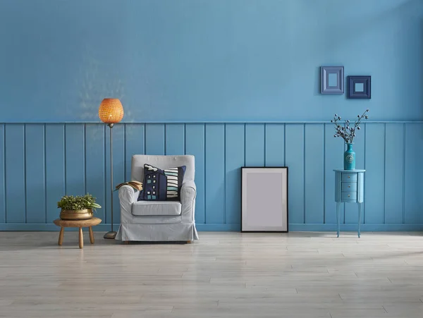 Blue Decorative Wall Background Parquet Detail Vase Chair Home Decoration — Stock Photo, Image
