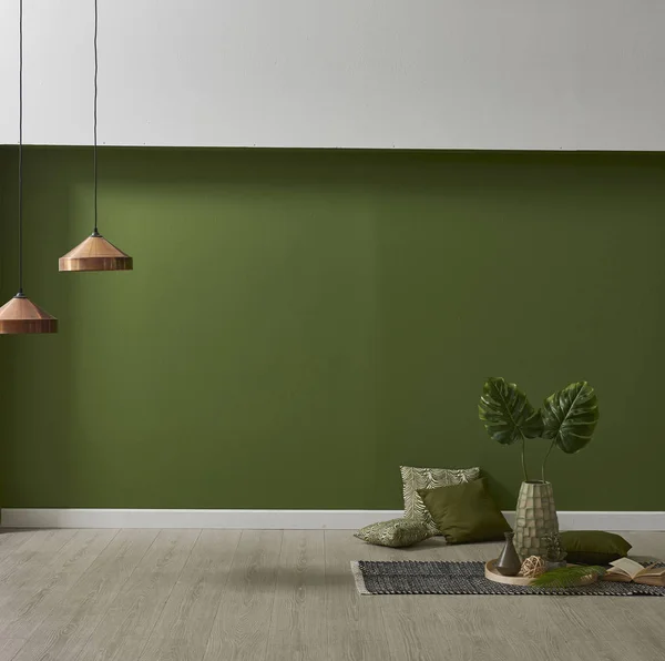 Moderno Papel Parede Verde Simular Decoração Interiores Com Plantas — Fotografia de Stock